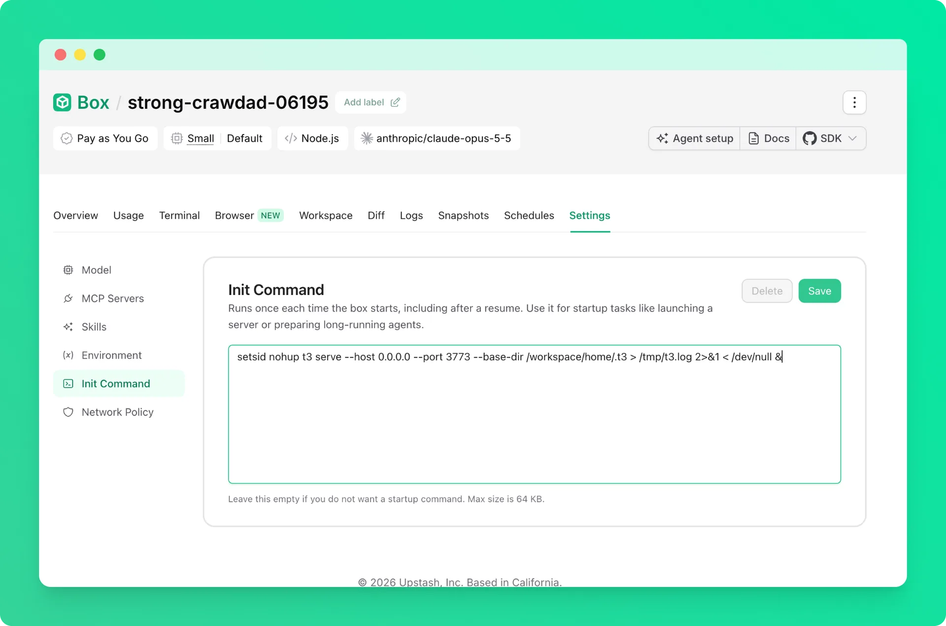 T3 Code init command in the Upstash Console